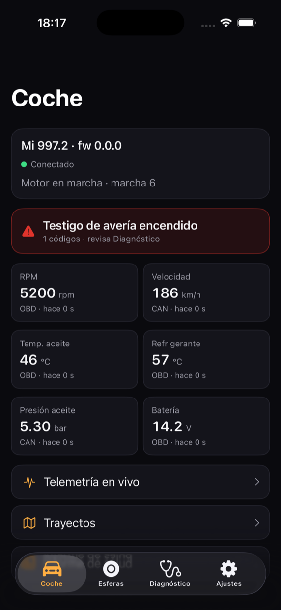 Real capture of the iOS app in development: Car screen with live telemetry — revs, speed, oil temperature and pressure, each value with its source