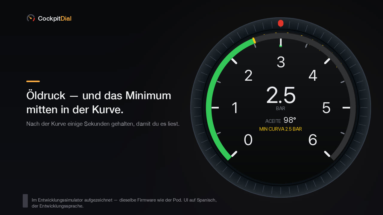 Das Öldruck-Zifferblatt mit 2,5 bar und dem gehaltenen Minimum aus der Kurve
