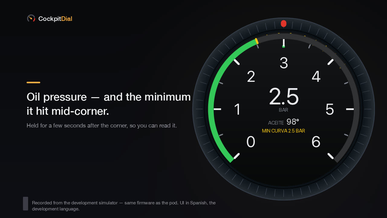 The oil pressure dial showing 2.5 bar and the minimum held from the corner